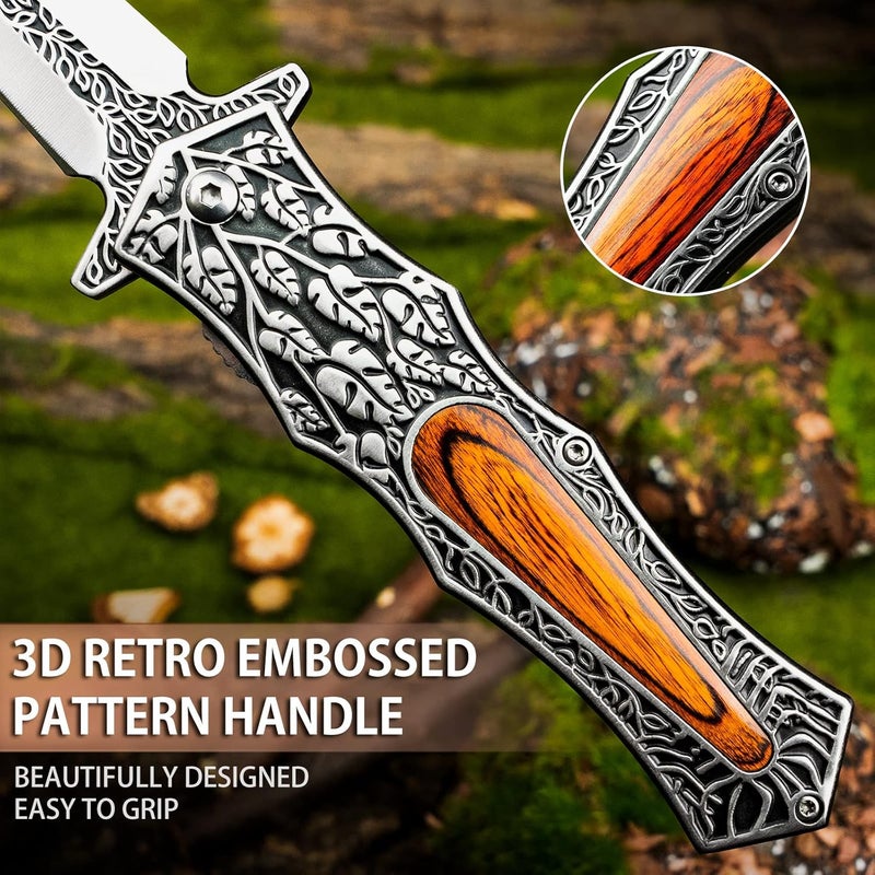 Valhalla PASTOR Pocket Knife, 3.7'' Folding Knife with 3D Retro Embossed Pattern, Pocket Knife For Men, Liner Lock, Cool EDC Knives, Gift for men - Image 2